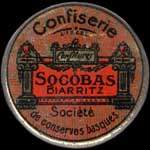 Timbre-monnaie Confiserie Socobas - Confiture - Socobas - Biarritz - 5 centimes vert sur fond argenté - avers