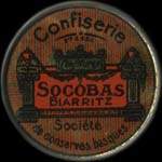 Timbre-monnaie Confiserie Socobas - Confiture - Socobas - Biarritz - 10 centimes rouge sur fond bleu vergé - avers