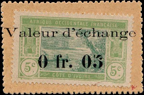 Timbre-monnaie Côte d'Ivoire - 5 centimes vert sur carton brun