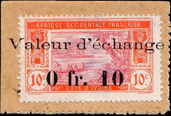 Timbre-monnaie Côte d'Ivoire - 10 centimes rouge sur carton brun