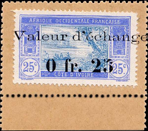 Timbre-monnaie Côte d'Ivoire - 25 centimes bleu sur carton brun