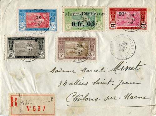 Enveloppe de lettre recommandée portant timbre-monnaie de Côte d'Ivoire de 5 centimes envoyée le 26 mai 1928
