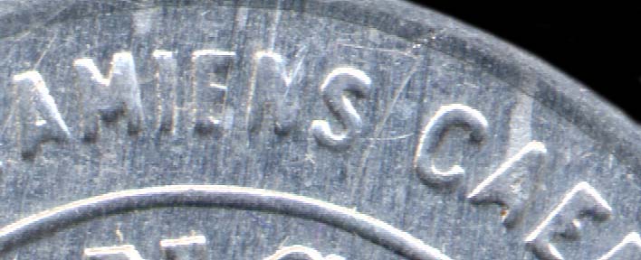 Sans point après Amiens sur timbre-monnaie Crédit Français -  gros plan