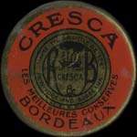 Timbre-monnaie Cresca les meilleures conserves - Bordeaux - 5 centimes orange sur fond rouge - avers