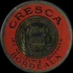 Timbre-monnaie Cresca les meilleures conserves - Bordeaux - 15 centimes vert ligné sur fond rouge - avers