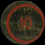 Timbre-monnaie Aux Dames de France Nouveautés - 10 centimes rouge sur fond doré - avec défaut - avers