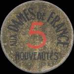 Timbre-monnaie Aux Dames de France Nouveautés - 5 centimes vert sur fond doré - avers