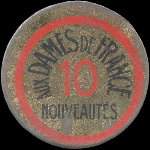 Timbre-monnaie Aux Dames de France Nouveautés - 10 centimes rouge sur fond jaune - avers