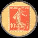 Timbre-monnaie Aux Dames de France Nouveautés - 10 centimes rouge sur fond jaune - revers