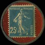 Timbre-monnaie A l'Incroyable Maison Dosne fond�e en 1850 - Chaussures - Bonneterie - 14, Rue du Pont - Ch�teau-Thierry - 25 centimes bleu sur rouge - revers