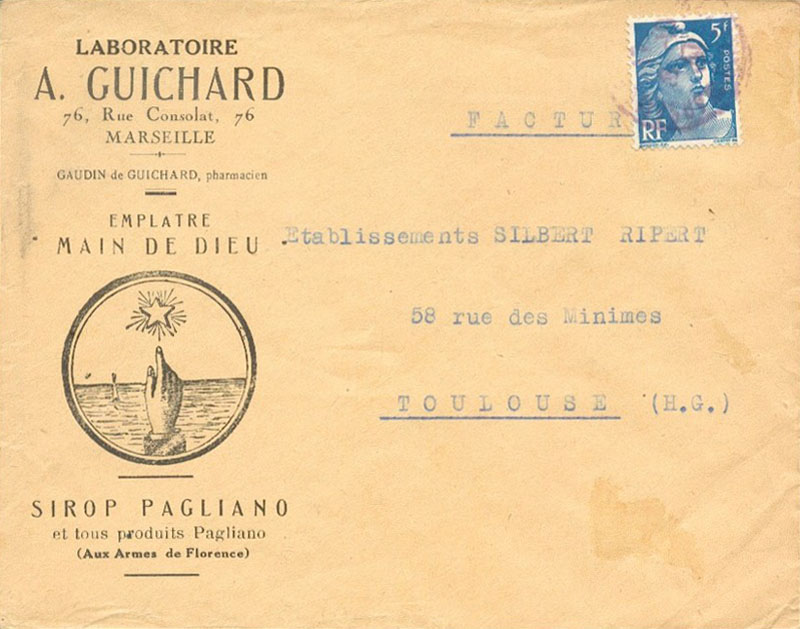 Enveloppe Laboratoire A.&nbsp;Guichard � Marseille - publicit� Empl�tre de la Main de Dieu - sirop Pagliano