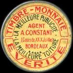 Timbre-monnaie Everite - la meilleure publicité - La meilleure toiture - Agent A.Constant - 10 centimes rouge sur fond bleu - avers
