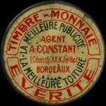 Timbre-monnaie Everite - la meilleure publicité - La meilleure toiture - Agent A.Constant - 25 centimes bleu sur fond rouge - avers