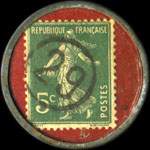 Timbre-monnaie 6 Fils JTPF - 5 centimes vert avec cachet 29 sur fond rouge - revers