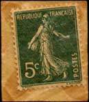 Timbre-monnaie Grands Magasins Aux Galeries Lafayette Paris - 5 centimes vert dans pochette - Etiquette du type 2b jaune et verte 16 x 17 mm environ - revers