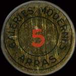 Timbre-monnaie Galeries Modernes - Arras - 5 centimes vert sur fond rouge - avers