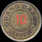 Timbre-monnaie Grand Bazar - le Havre - 10 centimes rouge sur fond vert-turquoise - avers