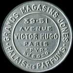 Timbre-monnaie Grands Magasins Jones - 10 centimes rouge sur fond bleu (inscriptions visibles) - avers
