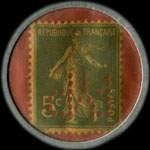 Timbre-monnaie Grands Magasins Jones - 5 centimes vert sur fond rouge (avec perforation FYP - très rare) - revers