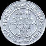 Timbre-monnaie Grands Magasins Jones - 5 centimes vert sur fond rouge (inscriptions visibles) - avers