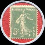 Timbre-monnaie Grands Magasins Jones - 5 centimes vert sur fond rouge (inscriptions visibles) - revers