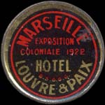 Timbre-monnaie Hôtel Louvre & Paix - Marseille - Exposition coloniale 1922 - 5 centimes vert sur fond rouge - avers