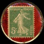 Timbre-monnaie Hôtel Louvre & Paix - Marseille - Exposition coloniale 1922 - 5 centimes vert sur fond rouge - revers