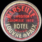 Timbre-monnaie Hôtel Louvre & Paix - Marseille - Exposition coloniale 1922 - 10 centimes rouge sur fond bleu-noir - avers