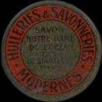 Timbre-monnaie Huileries & Savonneries Modernes - Savon Notre-Dame de l'Océan 72% Desmarais Frères - 5 centimes orange sur fond bleu - avers