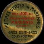 Timbre-monnaie Huîtres Vertes de Marennes E.Jacou - 5 centimes orange sur fond rouge - avers