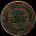 Timbre-monnaie J.Ihler - Produits lixiviels & de blanchiment - 5 centimes vert sur fond rouge - avers
