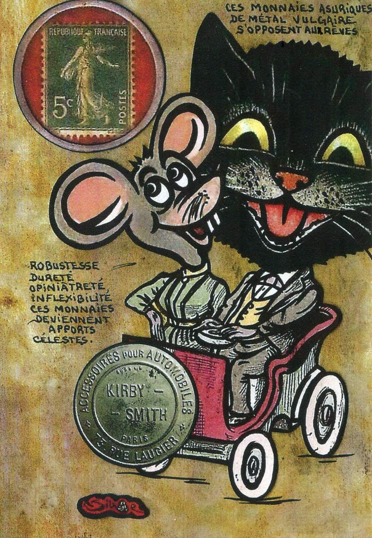 Exemple 10 de carte postale signée Jacques Lardie dit Jihel utilisant le timbre-monnaie Kirby Smith - Accessoires pour automobiles - comme illustration