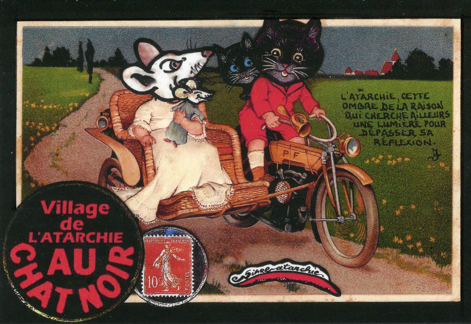 Exemple 1013 de carte postale sign�e Jacques Lardie dit Jihel ou JL utilisant le timbre-monnaie Cordonnerie du Chat Noir comme illustration