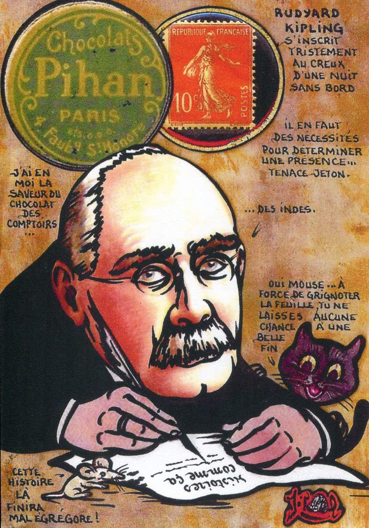 Exemple 104 de carte postale signée Jacques Lardie dit Jihel utilisant le timbre-monnaie Chocolats Pihan comme illustration