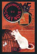 Exemple 111 de carte postale signée Jacques Lardie dit Jihel ou JL utilisant le timbre-monnaie Cordonnerie du Chat Noir comme illustration