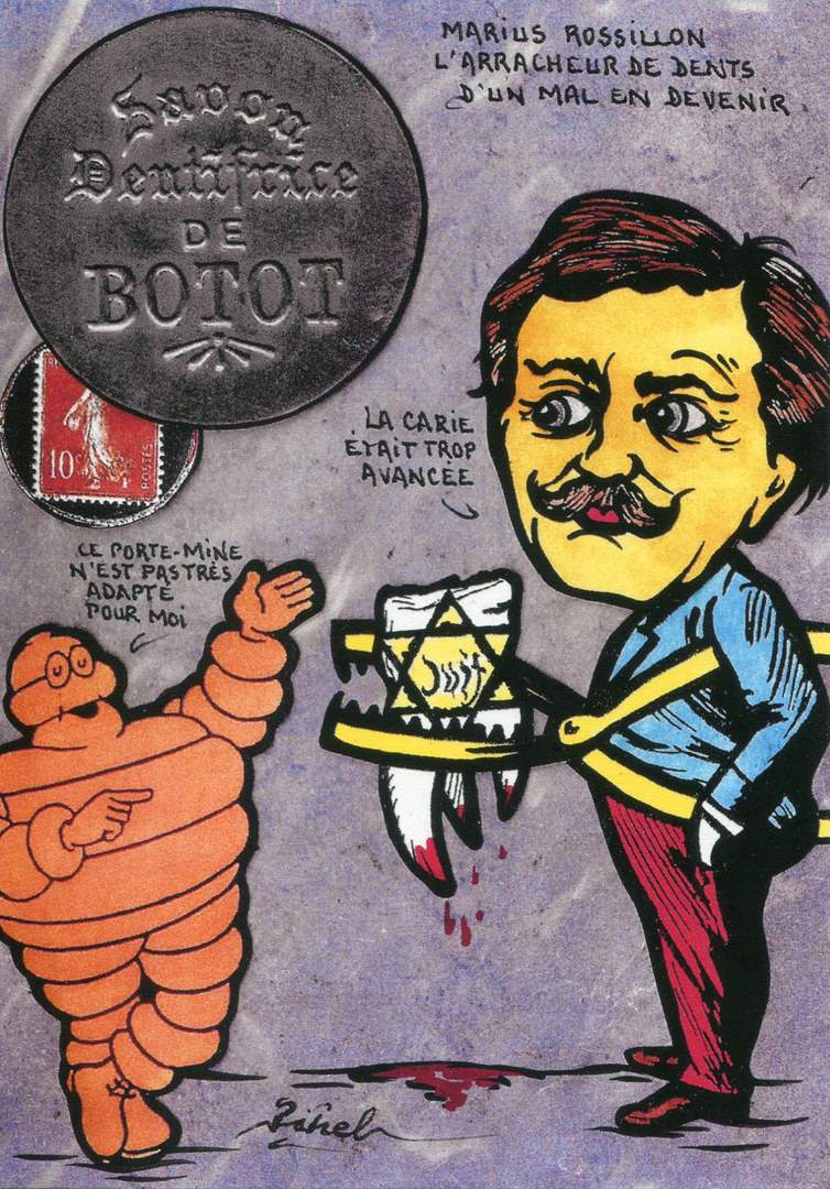 Exemple 1120 de carte postale sign�e Jacques Lardie dit Jihel utilisant le timbre-monnaie Dentifrice de Botot comme illustration