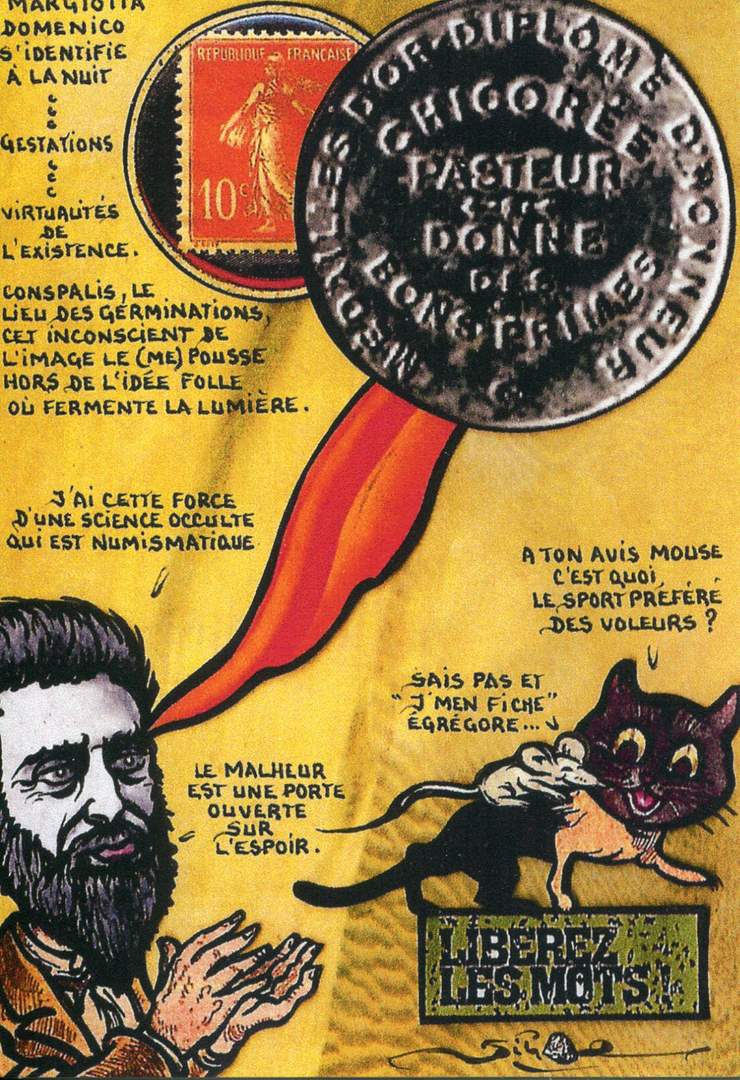 Exemple 114 de carte postale signée Jacques Lardie dit Jihel utilisant le timbre-monnaie Chicorée Pasteur comme illustration