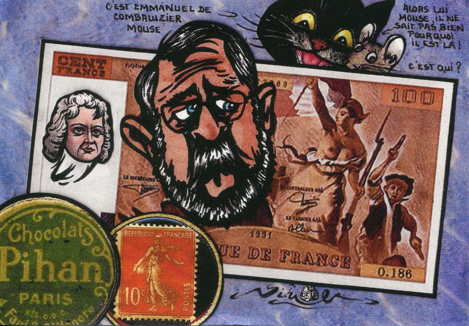 Exemple 1215 de carte postale signée Jacques Lardie dit Jihel utilisant le timbre-monnaie Chocolats Pihan comme illustration