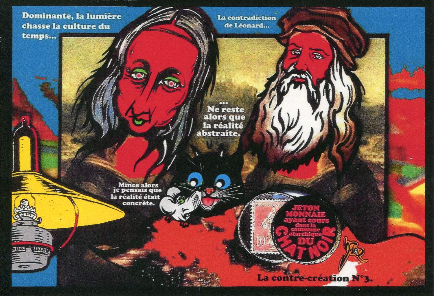 Exemple 1234 de carte postale signée Jacques Lardie dit Jihel ou JL utilisant le timbre-monnaie Cordonnerie du Chat Noir comme illustration
