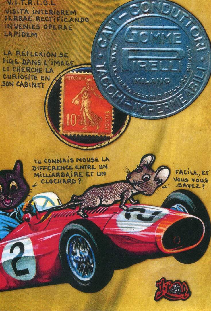 Exemple 124 de carte postale signée Jacques Lardie dit Jihel ou JL utilisant le timbre-monnaie Gomme Pirelli comme illustration