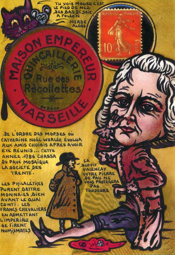 Exemple 125 de carte postale signée Jacques Lardie dit Jihel utilisant le timbre-monnaie Maison Empereur - Quincaillerie  - Rue des Récollettes - Marseille - comme illustration