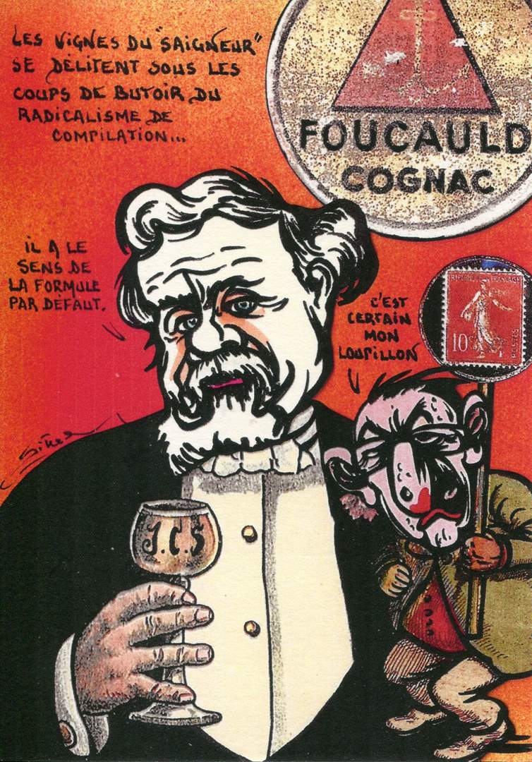 Exemple 1263 de carte postale signée Jacques Lardie dit Jihel utilisant le timbre-monnaie Cognac Foucauld comme illustration