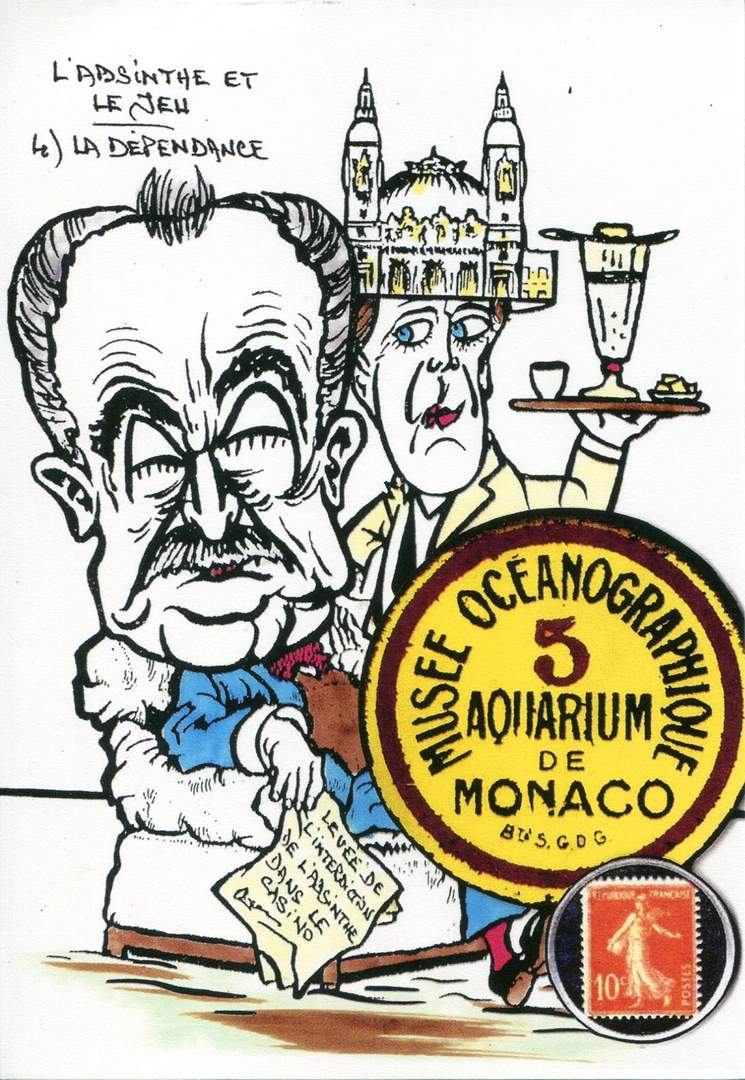 Exemple 1305 de carte postale signée Jacques Lardie dit Jihel utilisant le timbre-monnaie Monaco - Musée Océanographique - Aquarium de Monaco - comme illustration