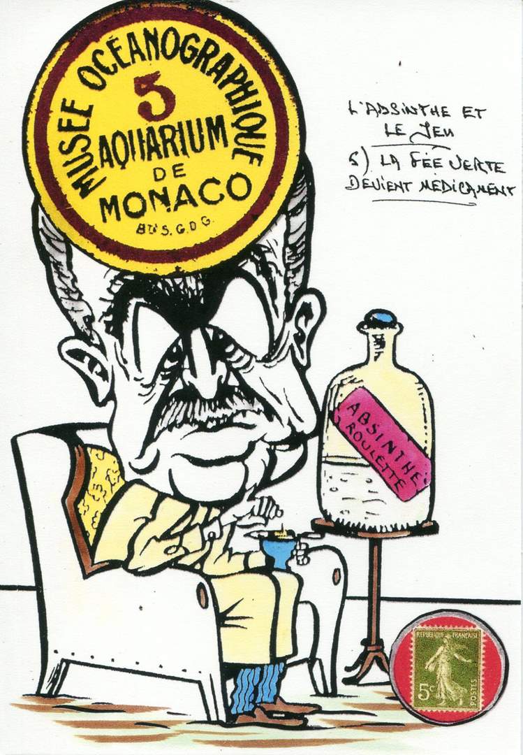 Exemple 1306 de carte postale signée Jacques Lardie dit Jihel utilisant le timbre-monnaie Monaco - Musée Océanographique - Aquarium de Monaco - comme illustration