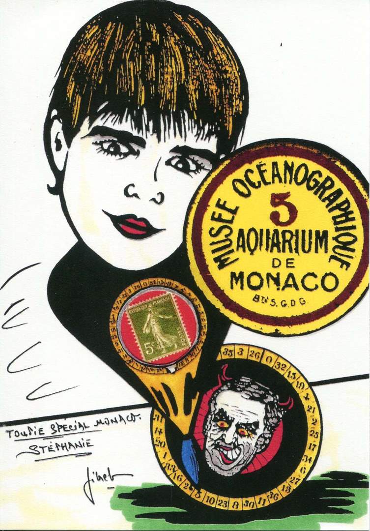 Exemple 1314 de carte postale signée Jacques Lardie dit Jihel utilisant le timbre-monnaie Monaco - Musée Océanographique - Aquarium de Monaco - comme illustration