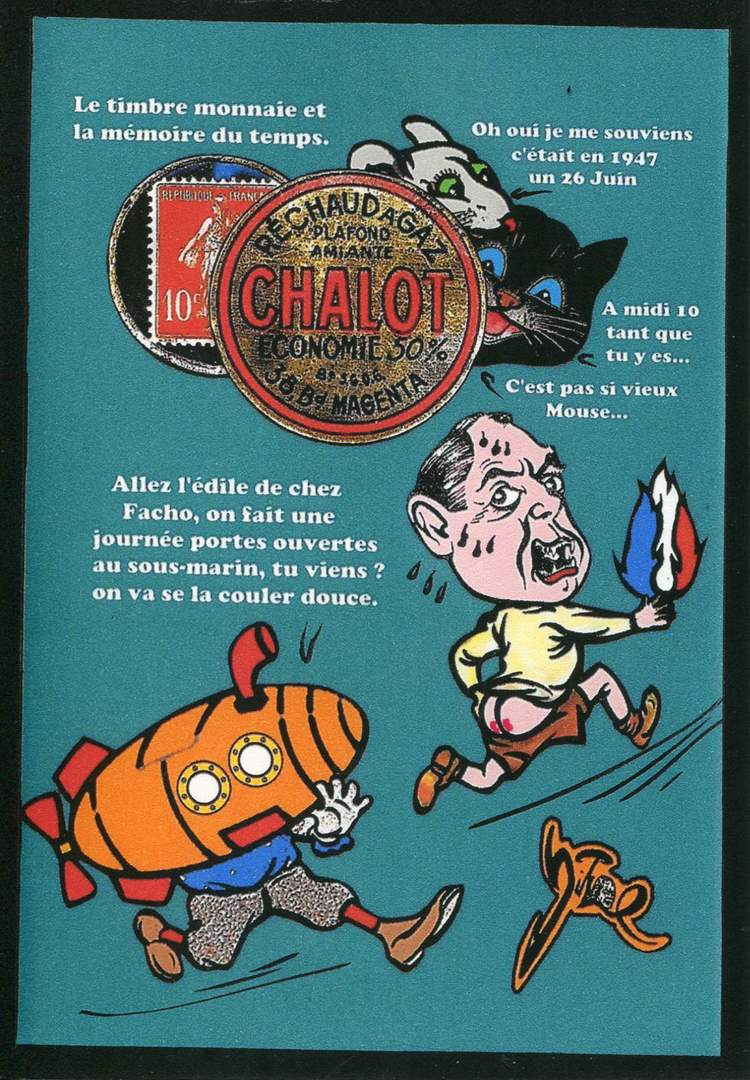 Exemple 1322 de carte postale signée Jacques Lardie dit Jihel ou JL utilisant le timbre-monnaie Réchaud à gaz Chalot comme illustration