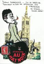 Exemple 1346 de carte postale sign�e Jacques Lardie dit Jihel ou JL utilisant le timbre-monnaie Cordonnerie du Chat Noir comme illustration