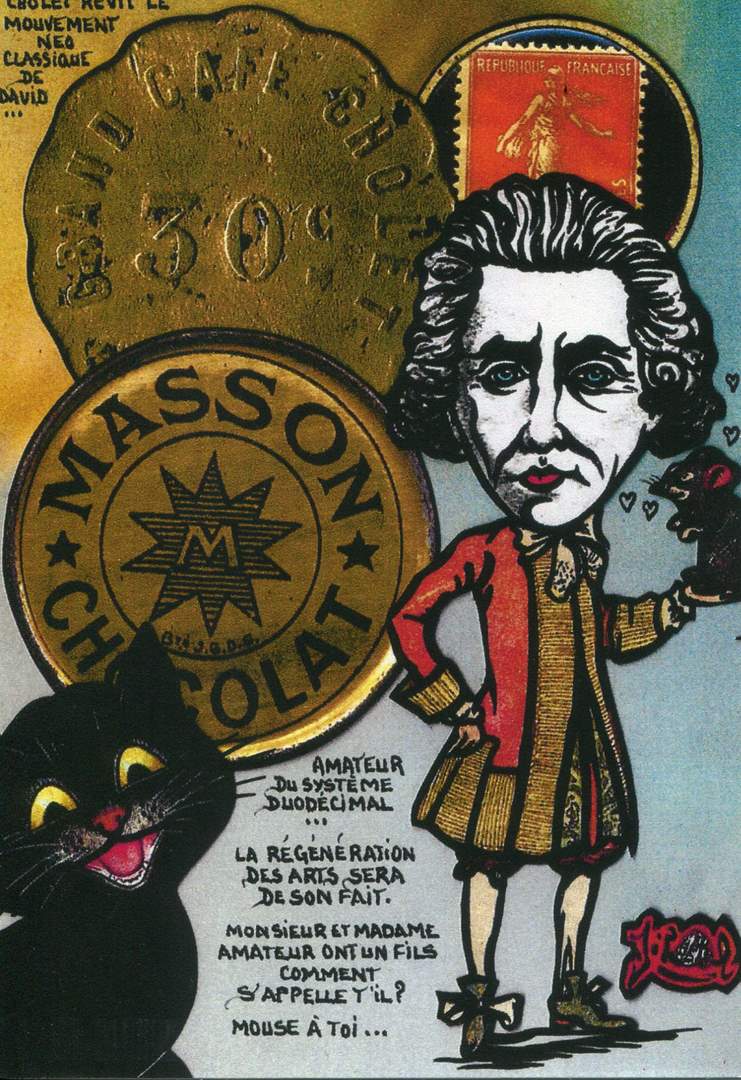 Exemple 136 de carte postale signée Jacques Lardie dit Jihel utilisant le timbre-monnaie Chocolat Masson comme illustration