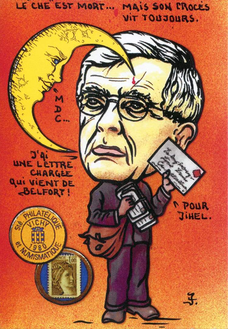 Exemple 1463 de carte postale sign�e Jacques Lardie dit Jihel ou JL utilisant le timbre-monnaie Soci�t� Philat�lique et Numismatique - Vichy 1980 comme illustration