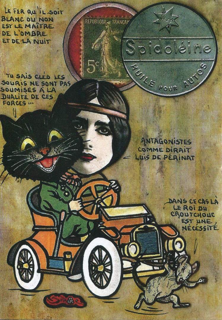 Exemple 15 de carte postale sign�e Jacques Lardie dit Jihel ou JL utilisant le timbre-monnaie Spidol�ine - Huile pour autos - comme illustration